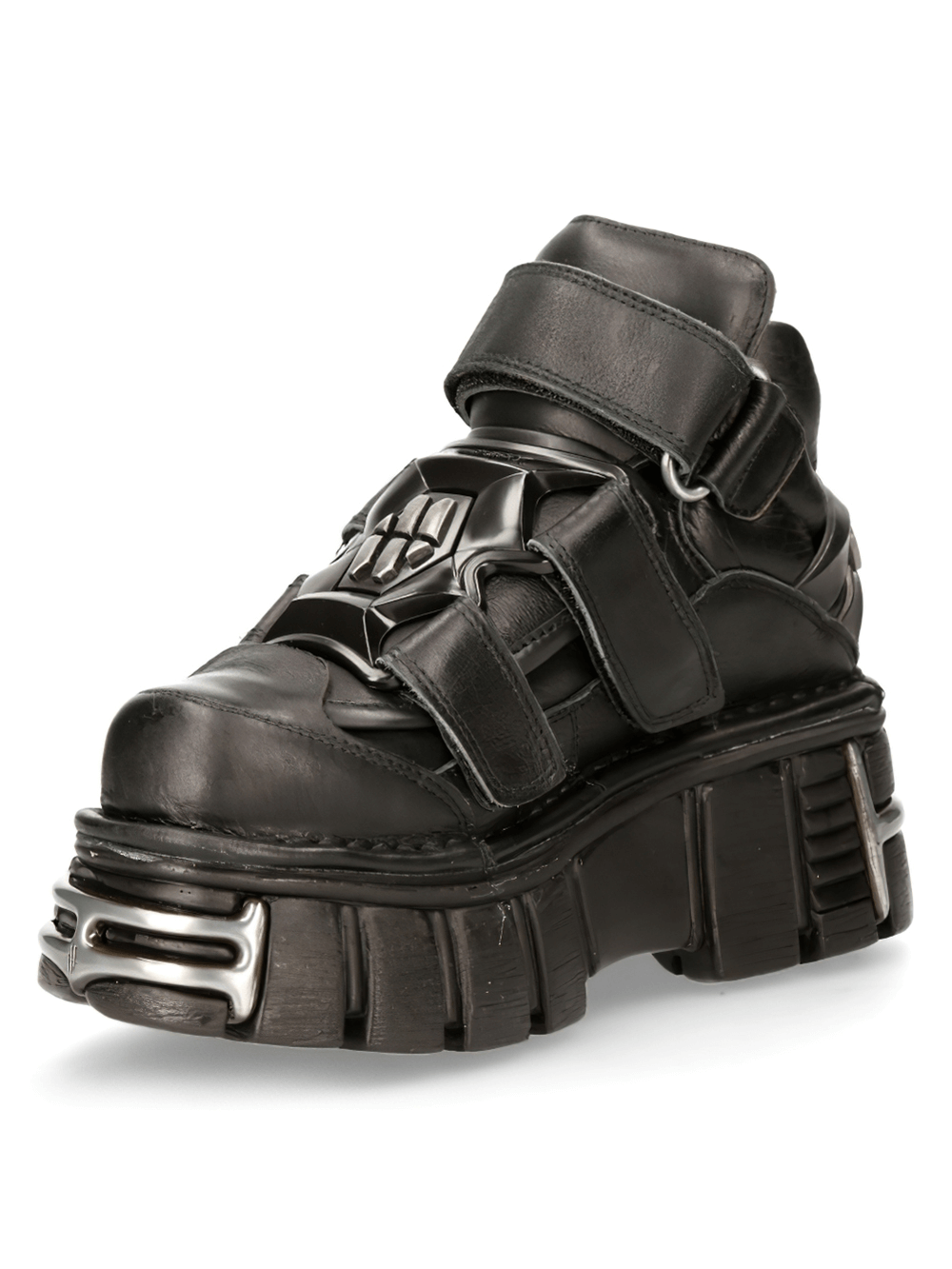 NEW ROCK Men's Goth Ankle Boots in black leather featuring metallic accents and Velcro straps for bold style.
