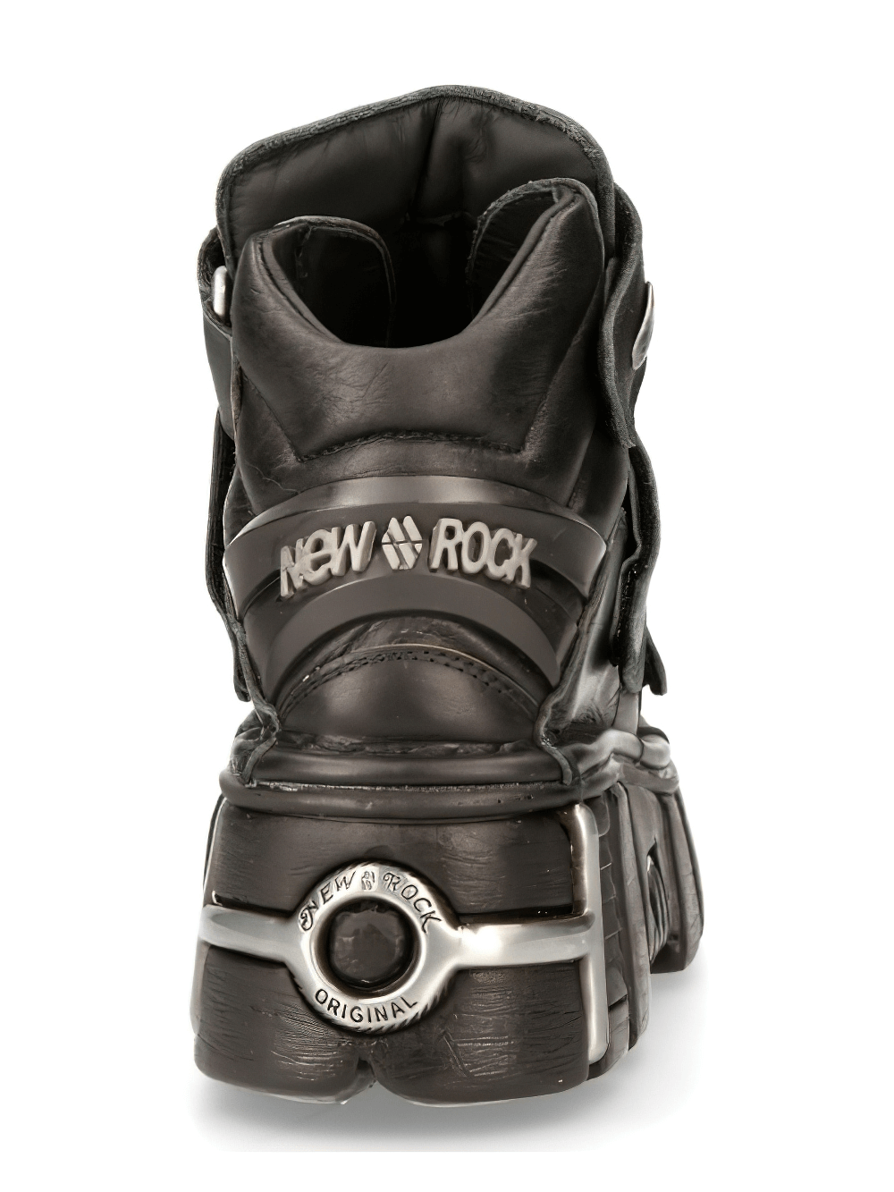 Back view of NEW ROCK men's goth ankle boots with metallic accents and Velcro straps in black leather.