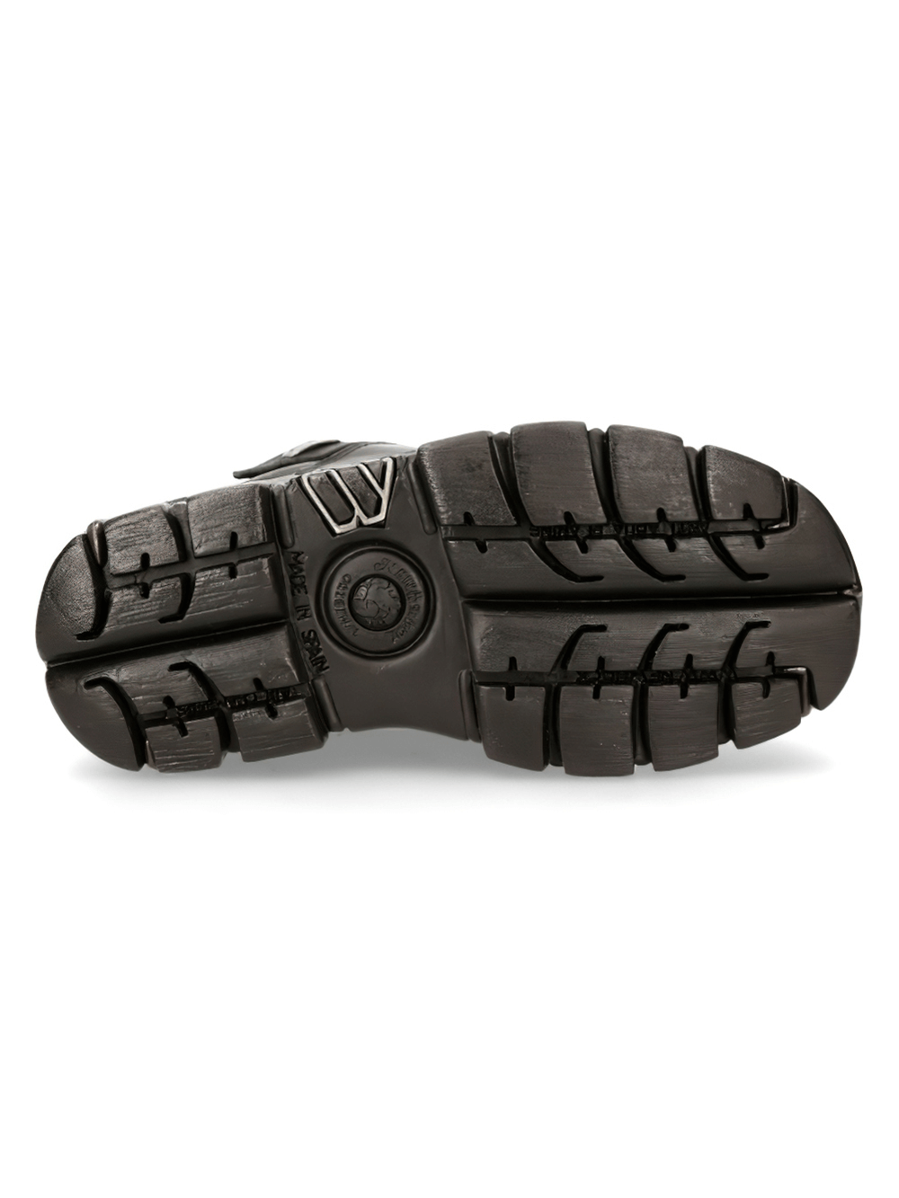 Sole view of NEW ROCK Men's Goth Ankle Boots showcasing rugged tread and Velcro closure for edgy style and durability.