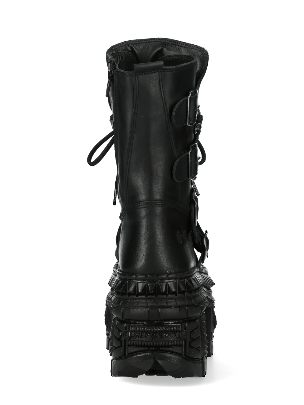 Back view of NEW ROCK Gothic ankle boots showcasing buckles and thick sole design in genuine leather.