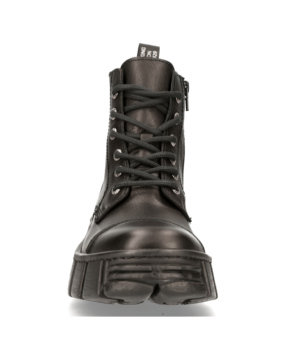 NEW ROCK Gothic lace-up ankle boots with chunky sole, showcasing edgy urban style and durability in sleek black leather.