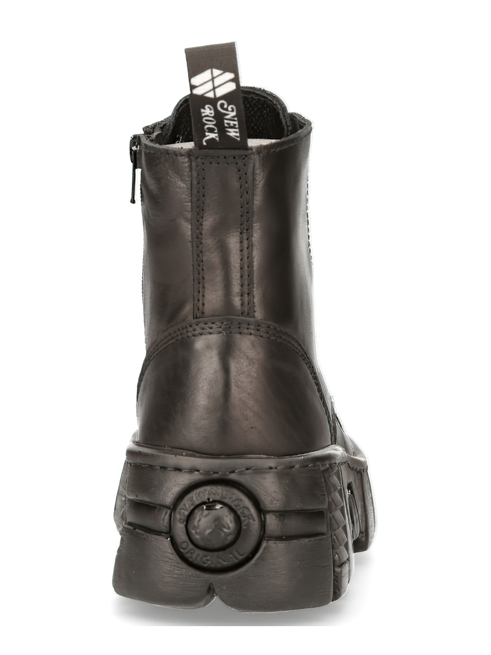 Back view of NEW ROCK Gothic ankle boots, featuring a chunky sole and lace-up design for bold urban style.