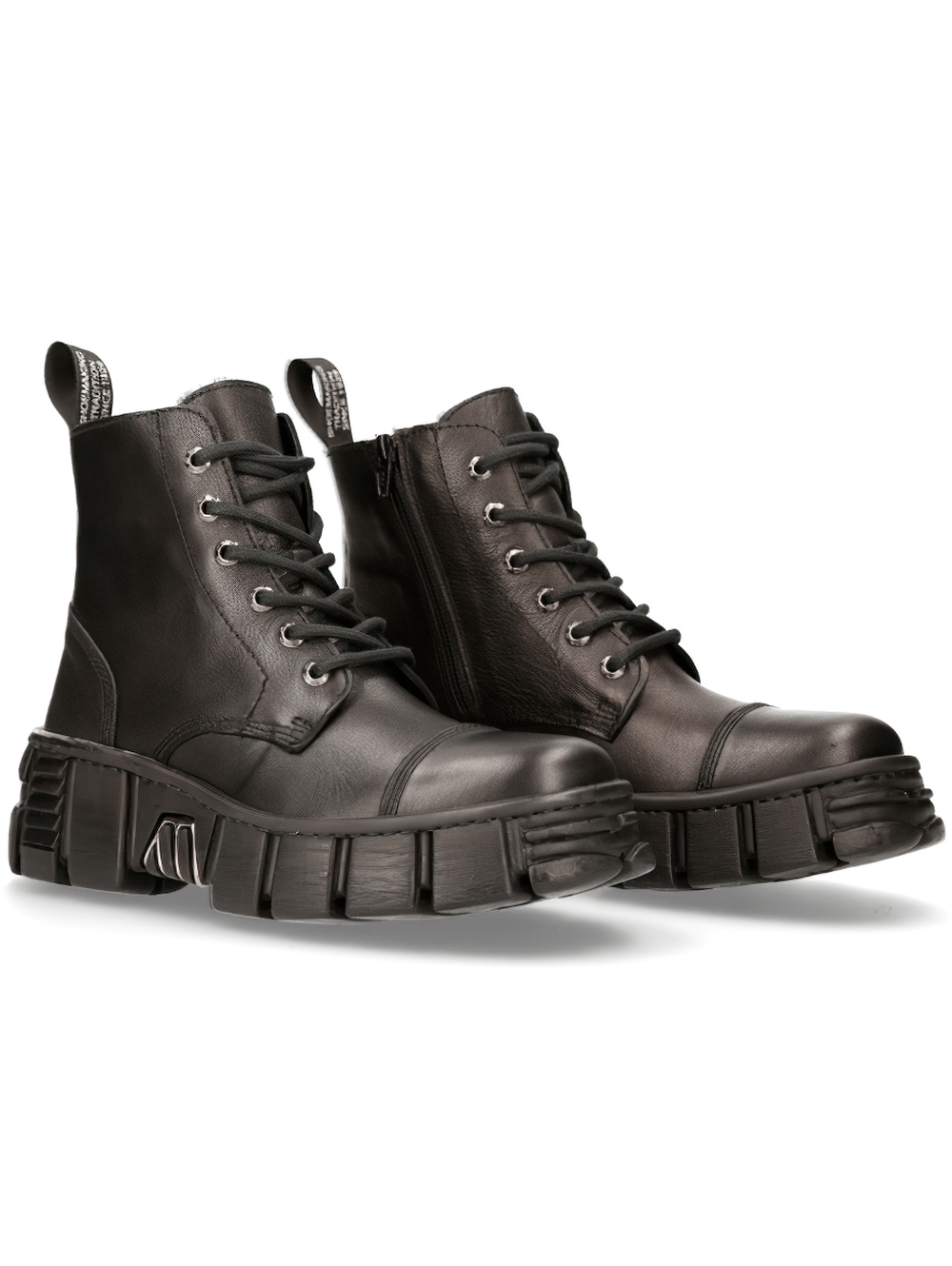 NEW ROCK Gothic ankle boots in black leather with chunky sole and lace-up design for a bold urban style statement.