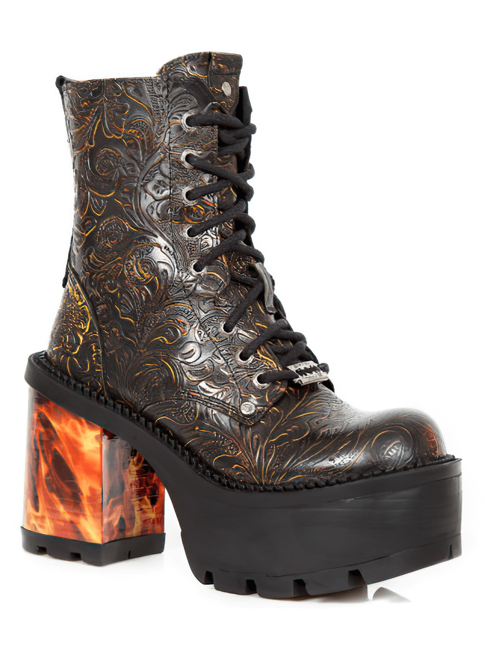 NEW ROCK Gothic Ankle Boots with Flames, Chunky Heel, Lace-Up Closure and Embossed Design for Bold Fashion.