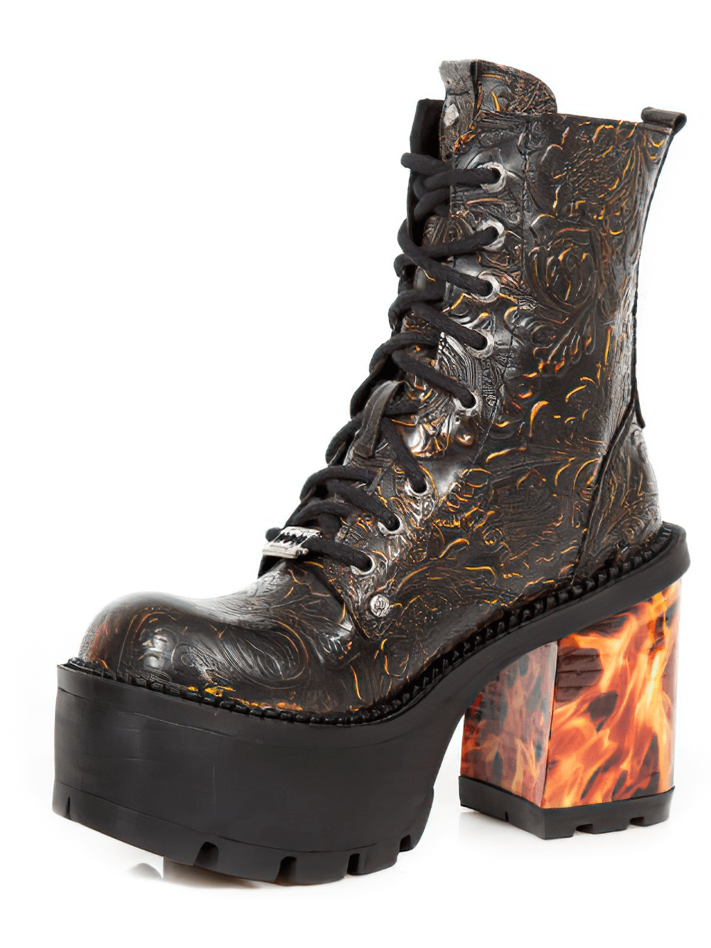 NEW ROCK gothic ankle boots with flames, chunky heel, embossed design, and lace-up closure for bold fashion.