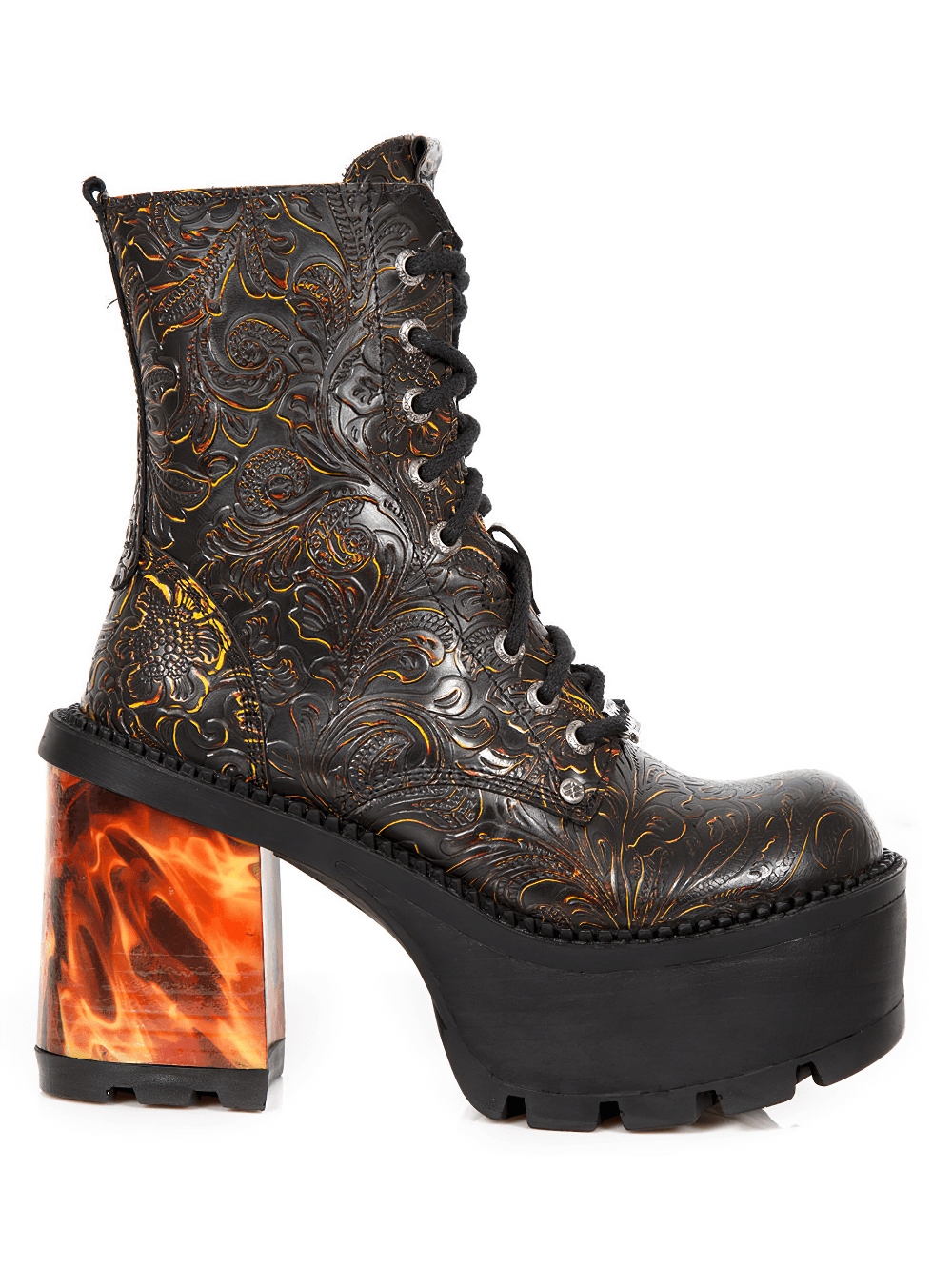 NEW ROCK Gothic ankle boots with chunky fiery heel and embossed leather design, perfect for alternative fashion.