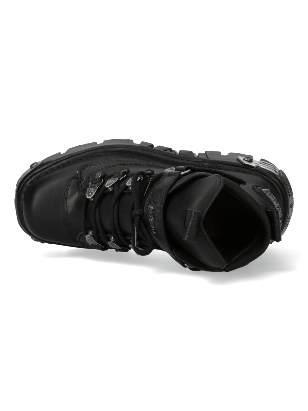 Top view of NEW ROCK Men's Gothic Black Leather Ankle Boots with metallic details and rugged sole.