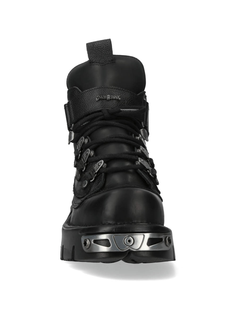 Front view of New Rock men's black Gothic ankle boots with metallic details, showcasing punk rock style.