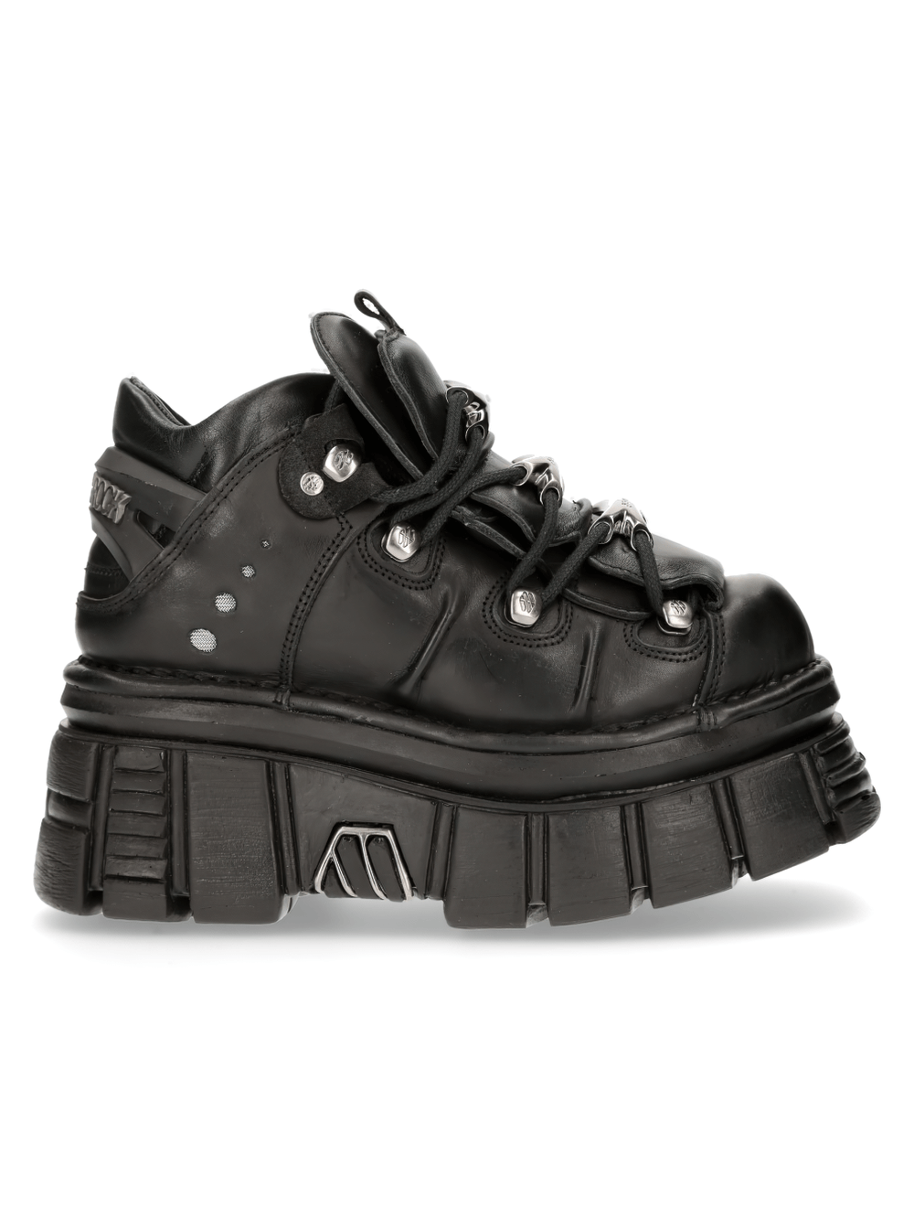 NEW ROCK Gothic Ankle Boots in black leather with metallic accents and chunky platform sole.