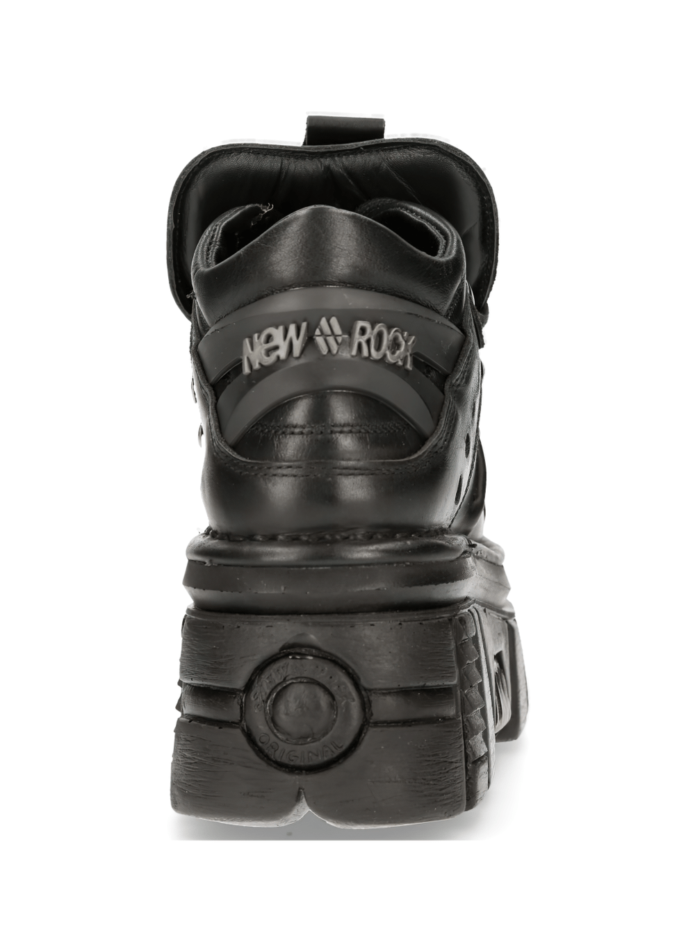 Back view of NEW ROCK men's Gothic ankle boots showcasing metallic bones and chunky platform design.