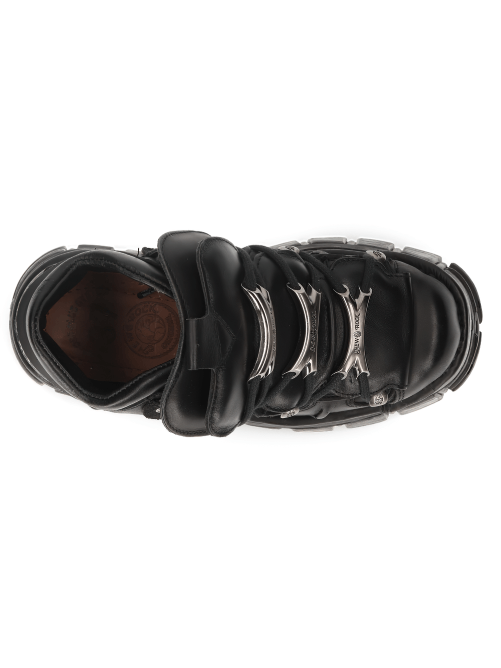 Top view of NEW ROCK Men's Gothic Ankle Boots in black leather with metallic bone accents.