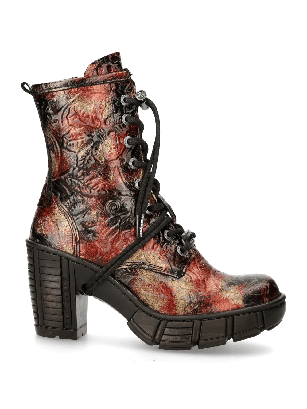 Gothic artwork ankle boots with metallic sheen, featuring lace-up design and unique vivid patterns.