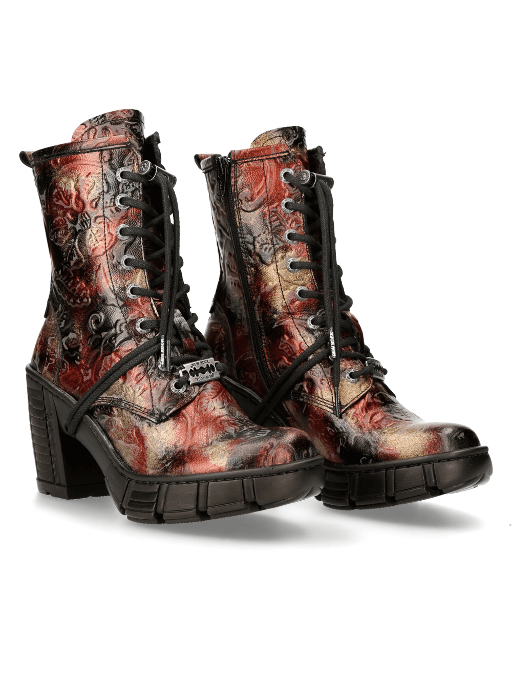 NEW ROCK Gothic Artwork Ankle Boots with metallic sheen, lace-up design, perfect for urban rockers.