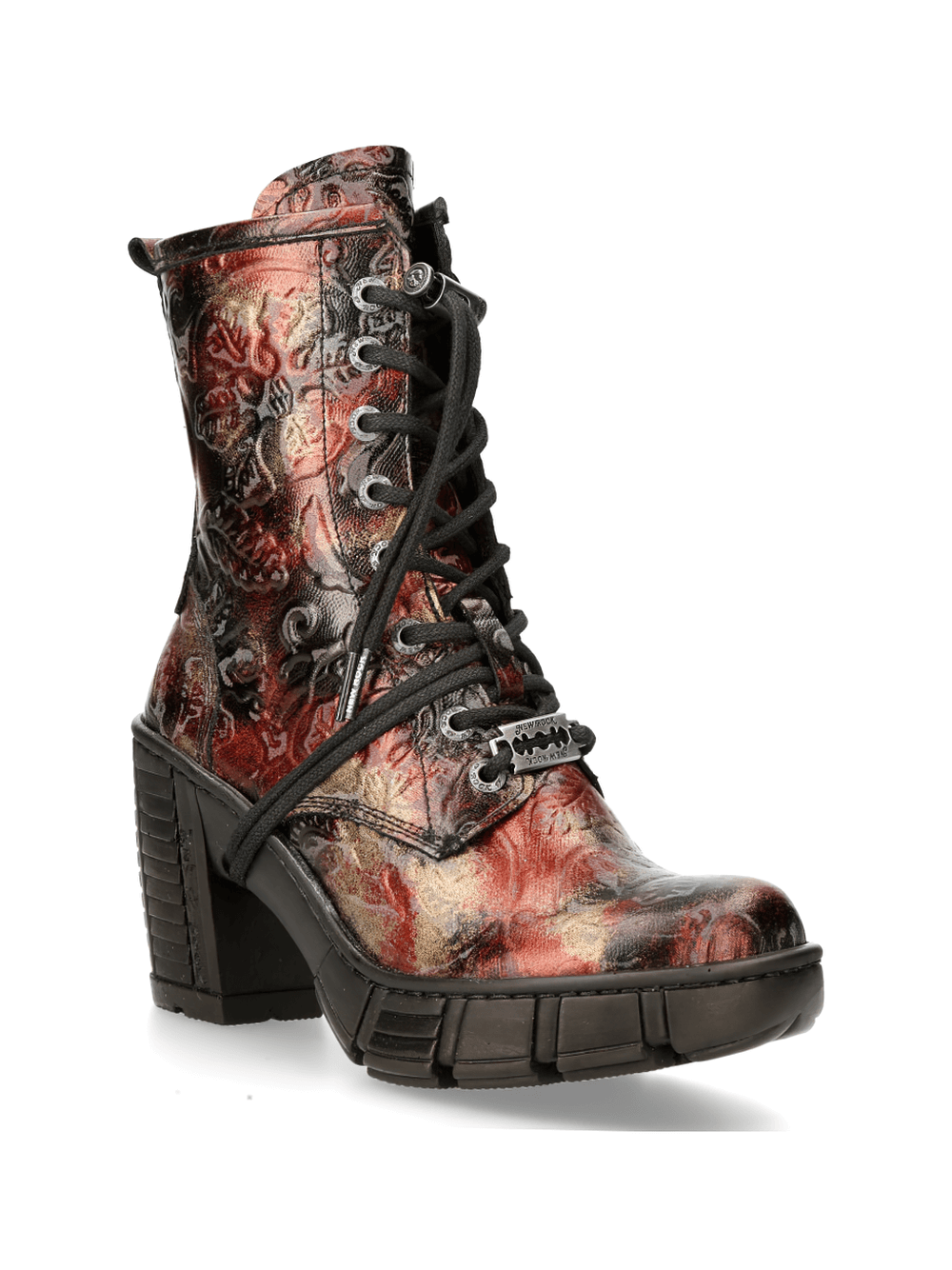 Gothic artwork lace-up ankle boots with metallic sheen, perfect for urban rockers, featuring a striking design.