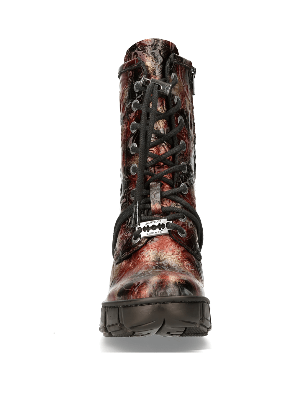 Gothic artwork lace-up ankle boots with metallic sheen, front view showcasing unique design and durable material.