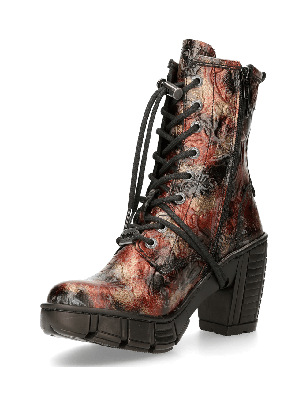 NEW ROCK Gothic Artwork Ankle Boots with metallic sheen, featuring a unique lace-up design and striking pattern.