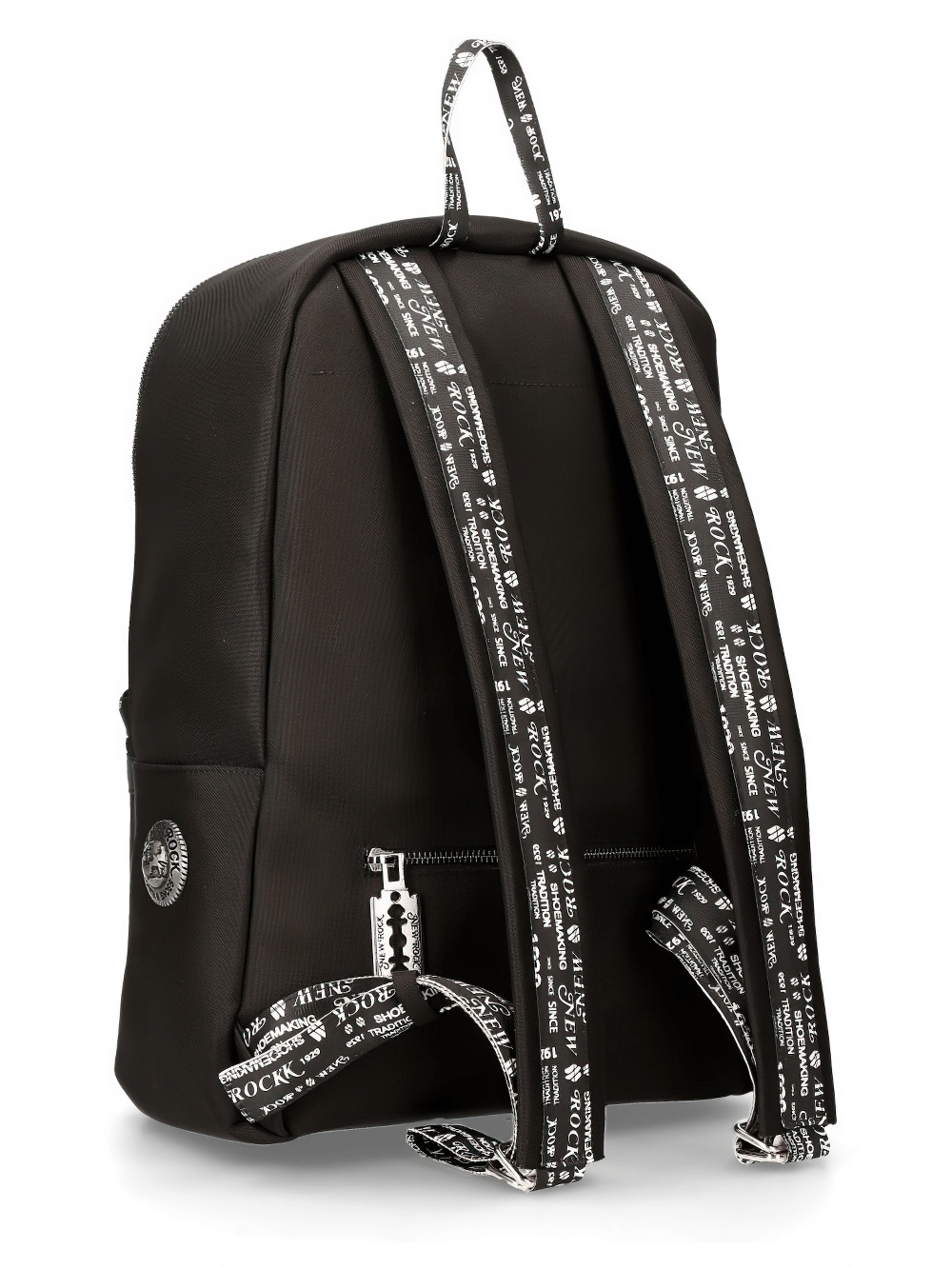 NEW ROCK Gothic Backpack showcasing bold black design with patterned straps and secure zipper closure for urban style.