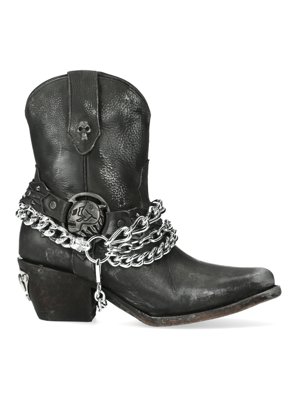 NEW ROCK Gothic Biker Ankle Boots in black with silver chains, perfect for edgy Western gothic style.