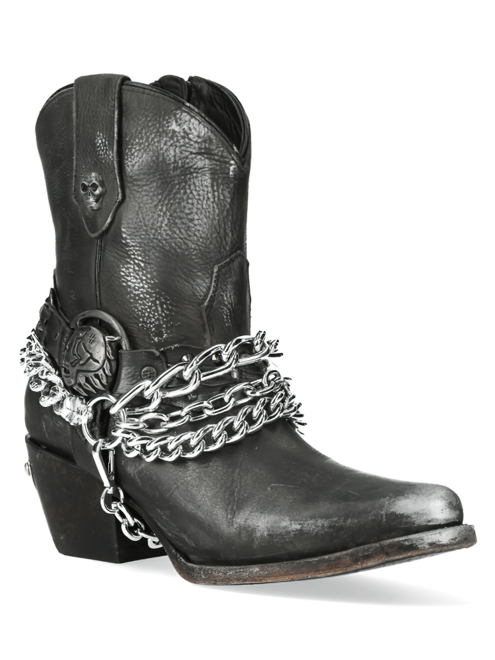 NEW ROCK Gothic Biker Boots in Black with Chain, edgy black leather ankle boots with silver chains.