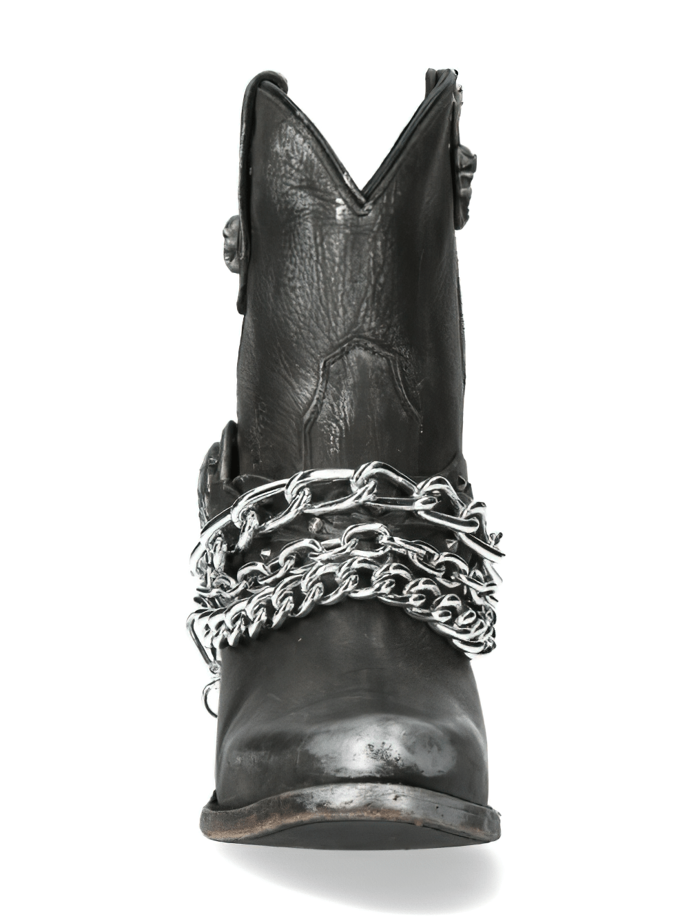 Front view of NEW ROCK Gothic Biker Boots in Black with Chain, showcasing rugged leather and edgy silver chains.