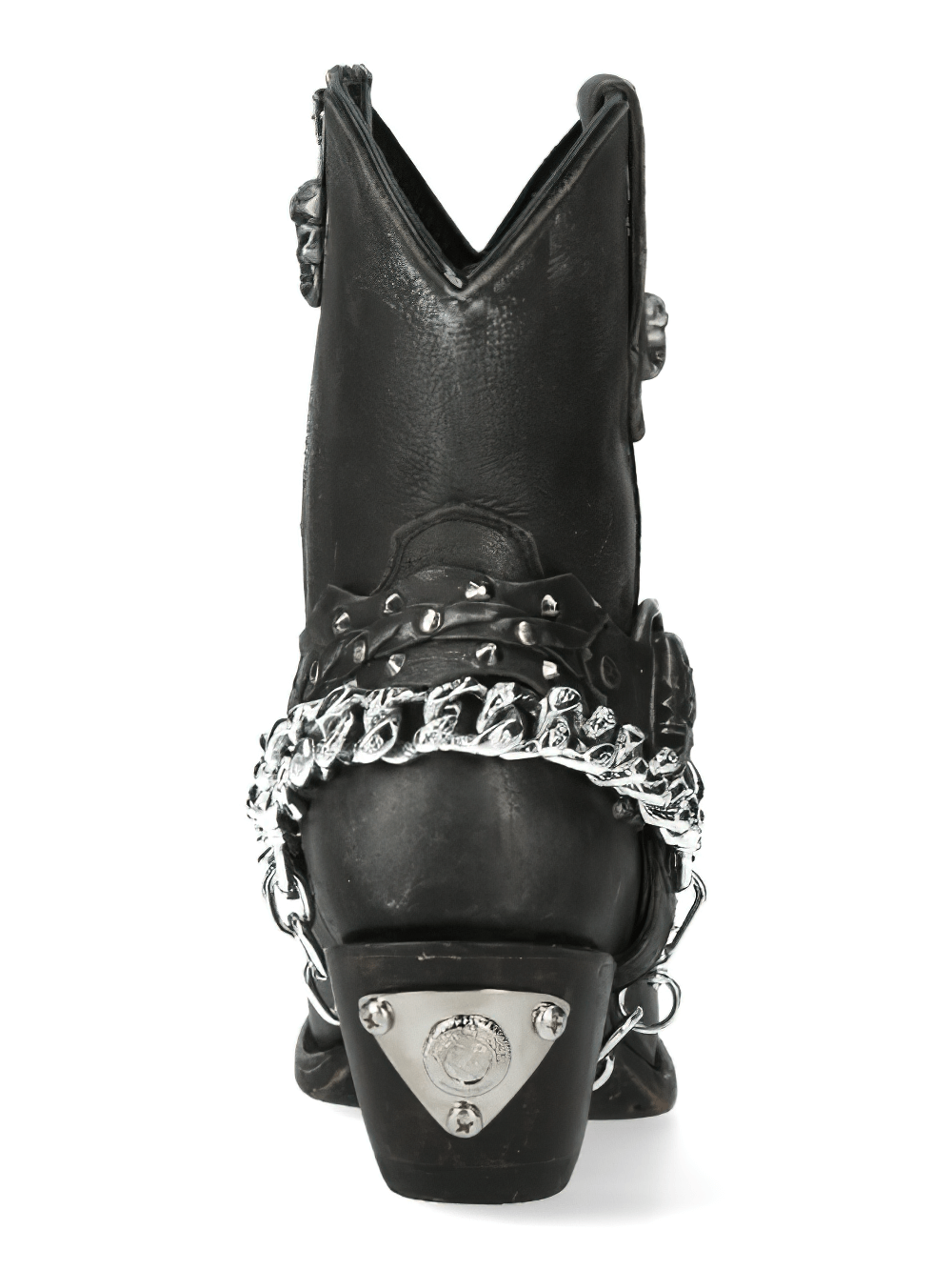 Back view of NEW ROCK Gothic Biker Boots in Black, featuring spikes and silver chain details for an edgy look.