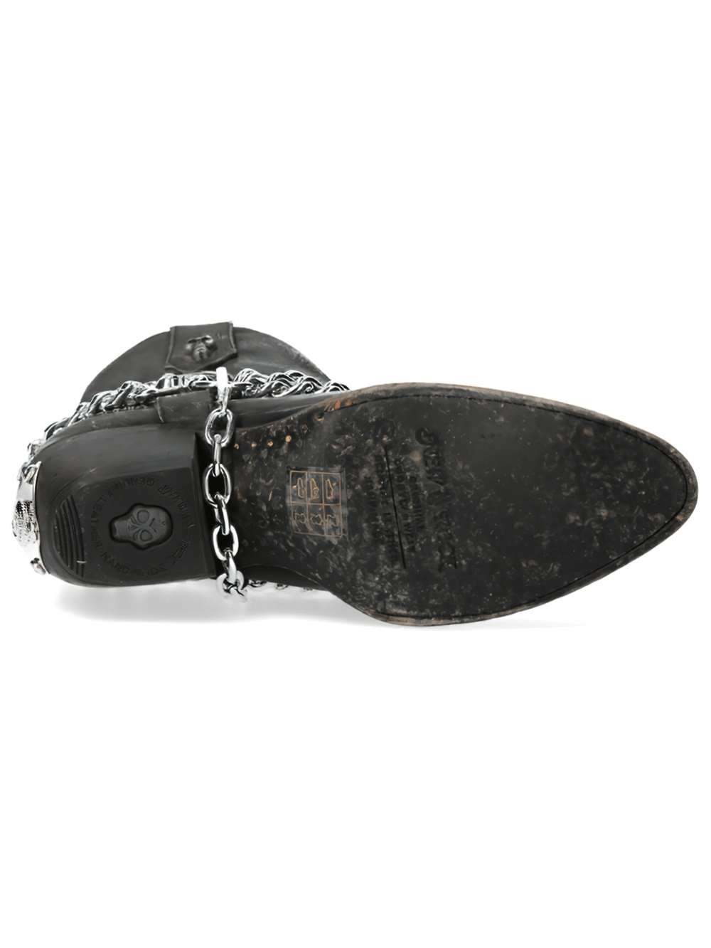 Bottom view of NEW ROCK Gothic Biker Boots in black with striking silver chain detailing.