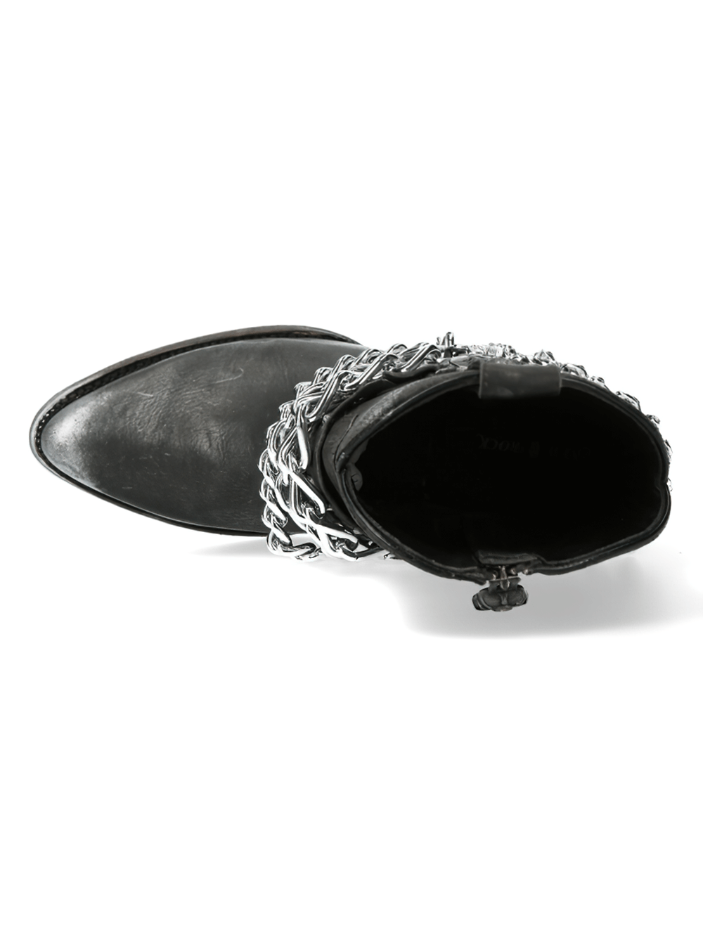 Top view of edgy black Gothic biker ankle boots featuring striking silver chains.