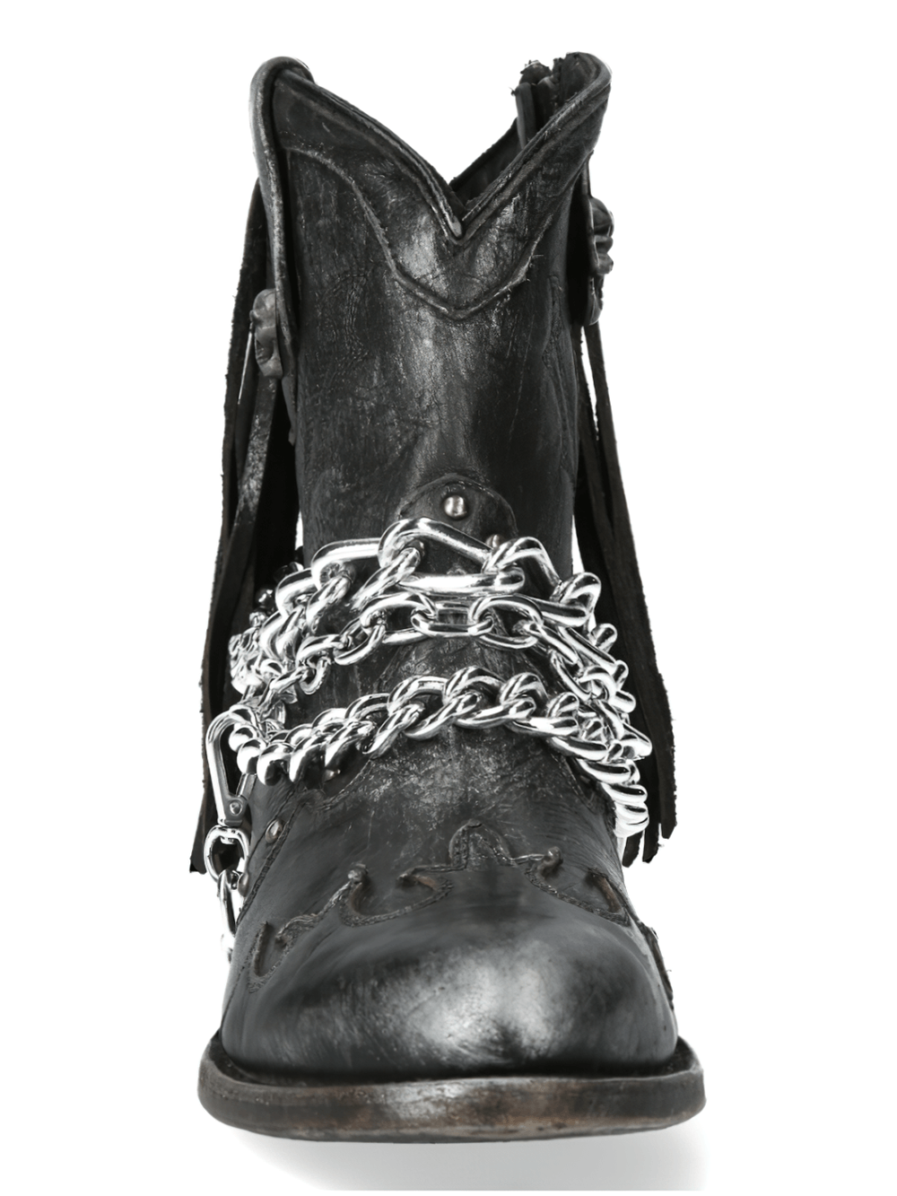 Front view of NEW ROCK Gothic Biker Boots featuring black leather and silver chain embellishments.