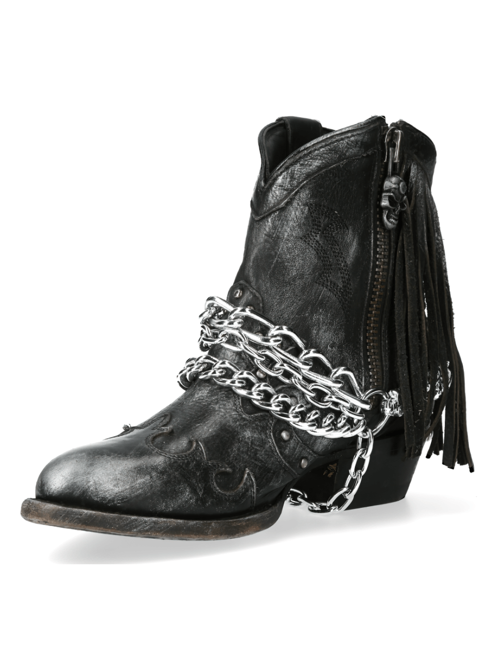 Black leather Gothic biker boots with chain details and fringes, perfect for rebellious fashion lovers.