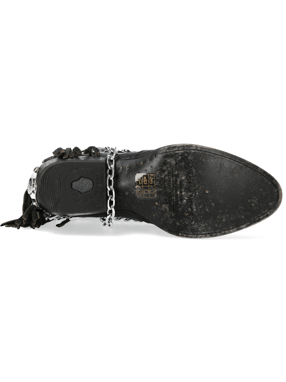 Bottom view of NEW ROCK Gothic Biker Boots featuring chain details and black leather texture.
