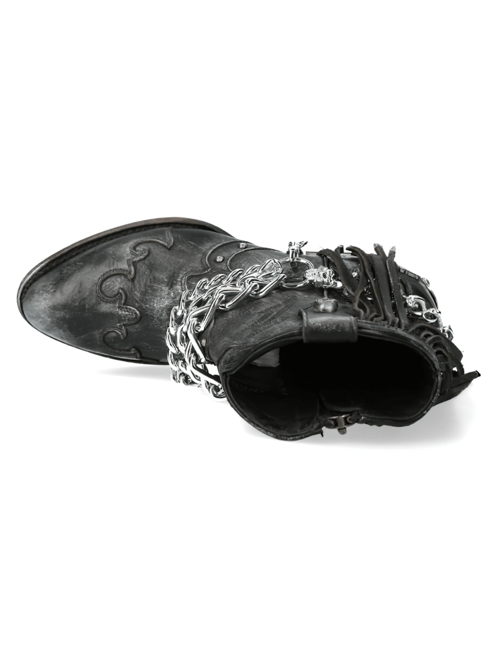 Top view of NEW ROCK Gothic Biker Boots with chain details, showcasing black leather and unique embellishments.
