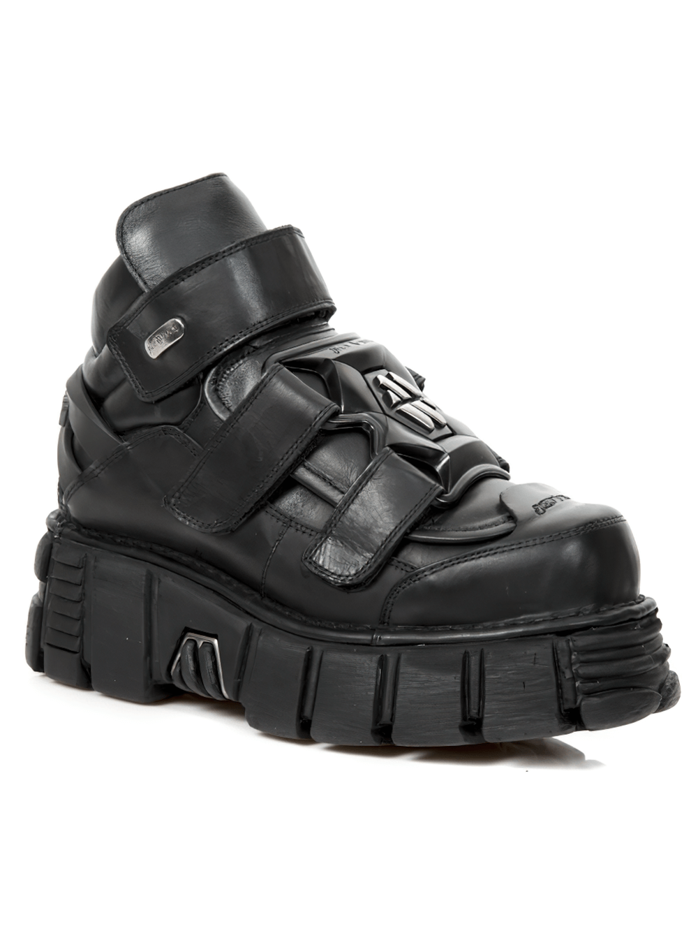 NEW ROCK Men's Gothic Black Ankle Boots featuring bold Velcro straps and a chunky sole for a punk-inspired look.