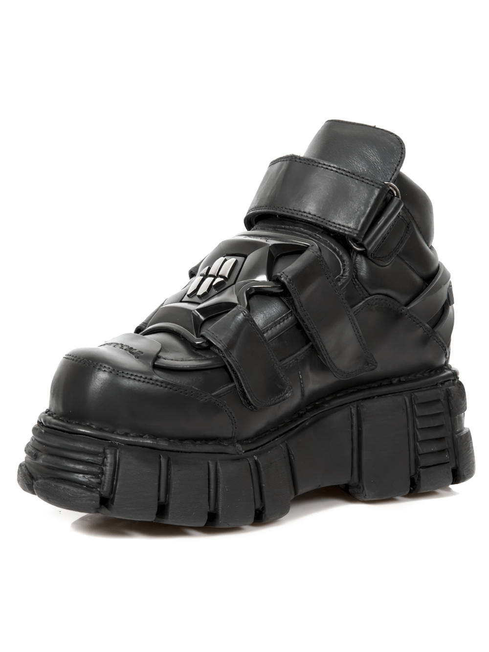 NEW ROCK Men's Gothic Black Ankle Boots with metallic accents and chunky sole for a punk rock style.