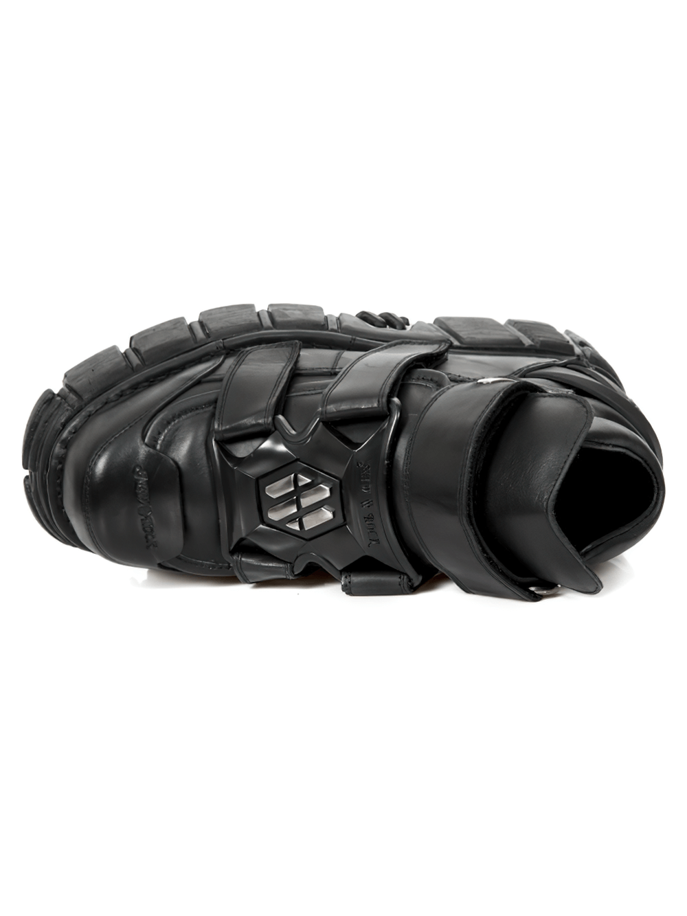 NEW ROCK Men's Gothic Black Ankle Boots with metallic accents, featuring genuine leather and a punk rock design.