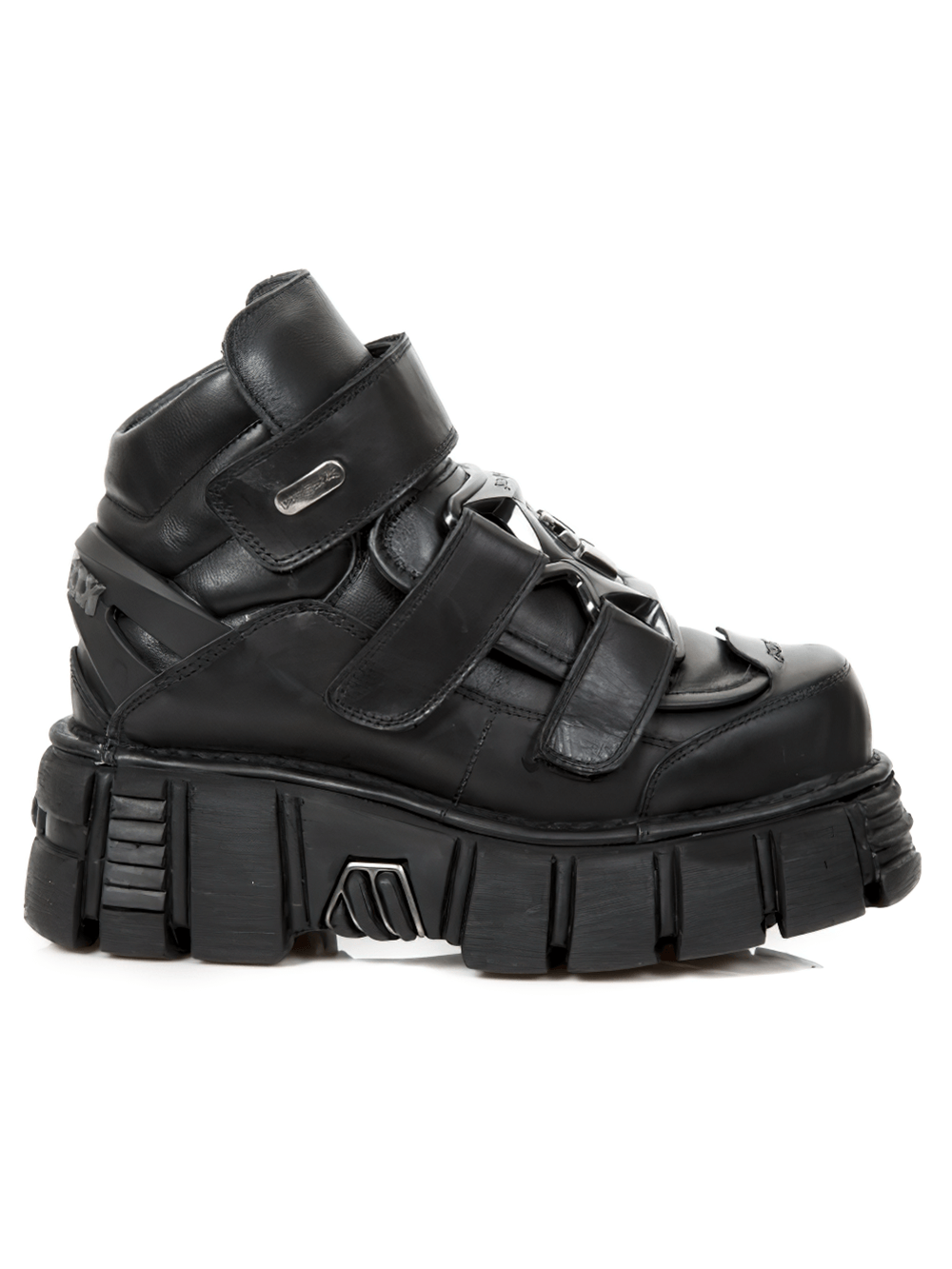 NEW ROCK Men's Gothic Black Ankle Boots with metallic accents, featuring Velcro clasp and chunky sole for an edgy look.