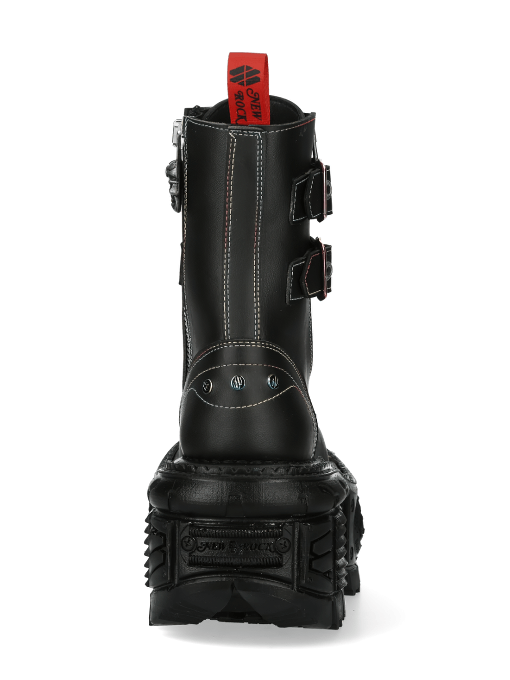 Back view of NEW ROCK Men's Gothic Black Ankle Boots with metallic buckles, showcasing punk style and durable design.