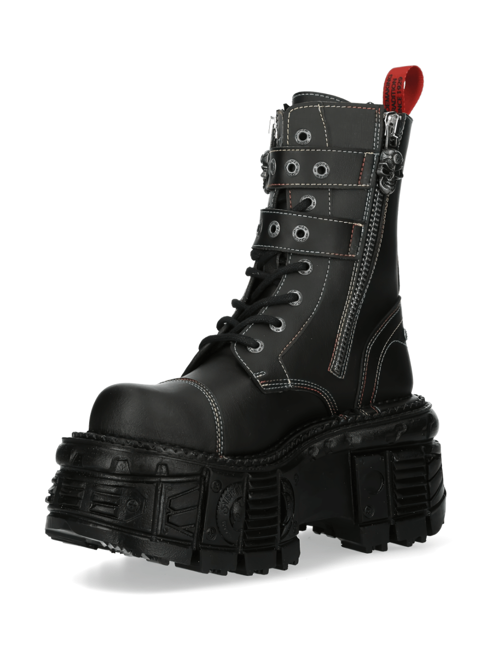 NEW ROCK Gothic Black Ankle Boots with metallic buckles and chunky platform sole for a punk rock look.