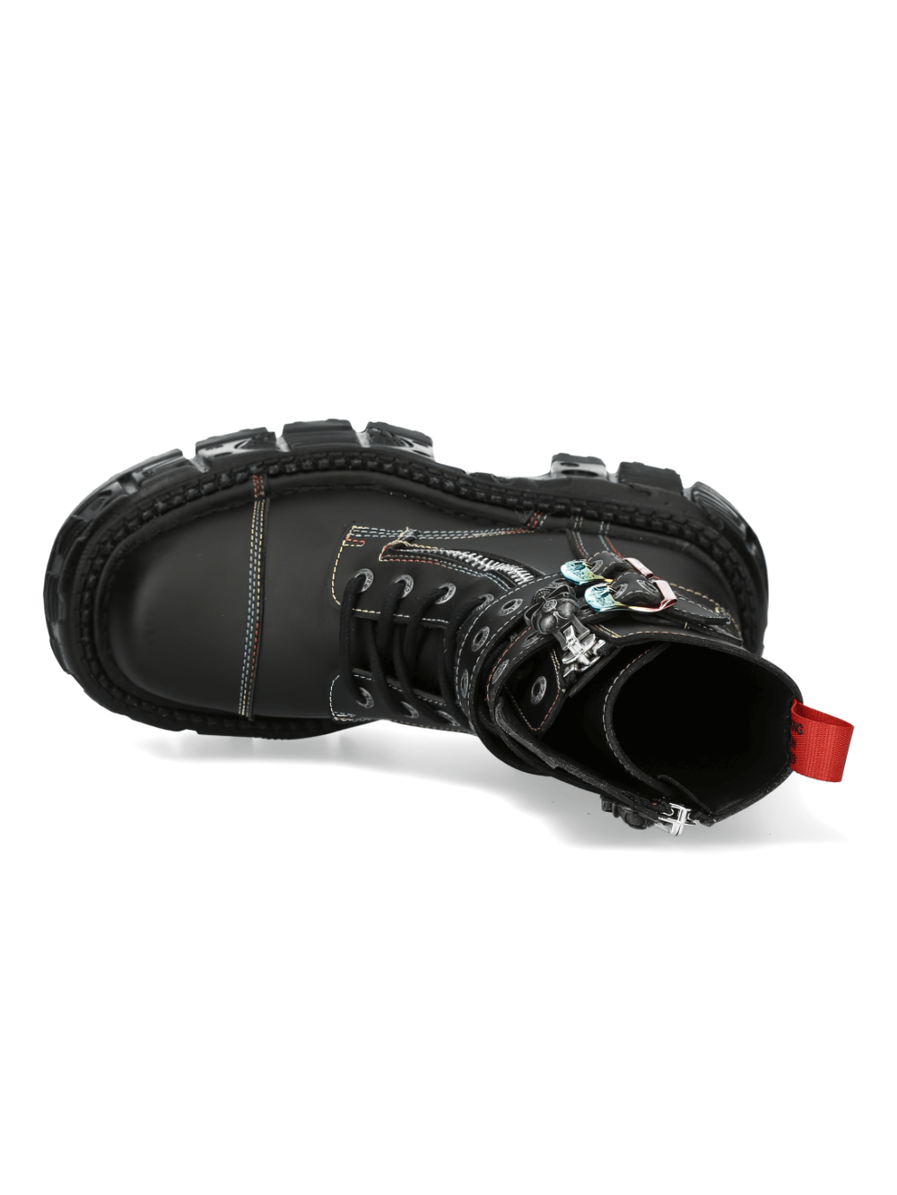 Top view of NEW ROCK Gothic Black Ankle Boots with metallic buckles and punk rock detailing.