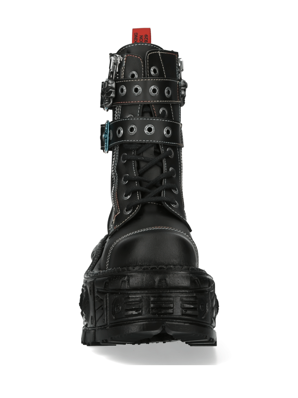 NEW ROCK Gothic Black Ankle Boots front view with metallic buckles and rugged sole.