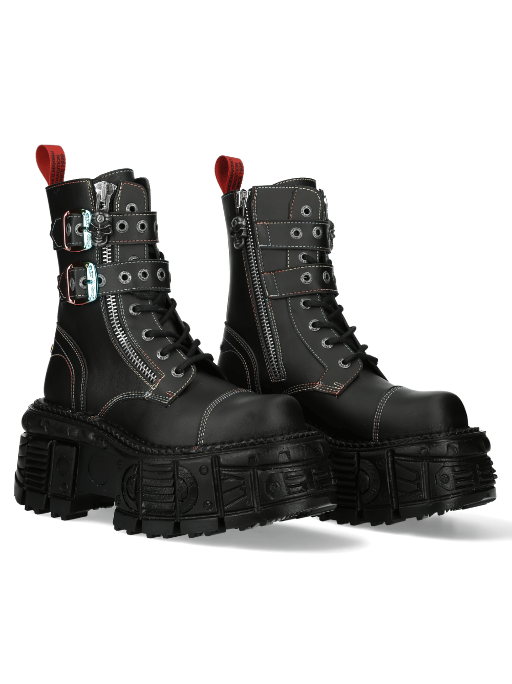 Stylish NEW ROCK Gothic black ankle boots with metallic buckles and chunky sole for punk rock flair.