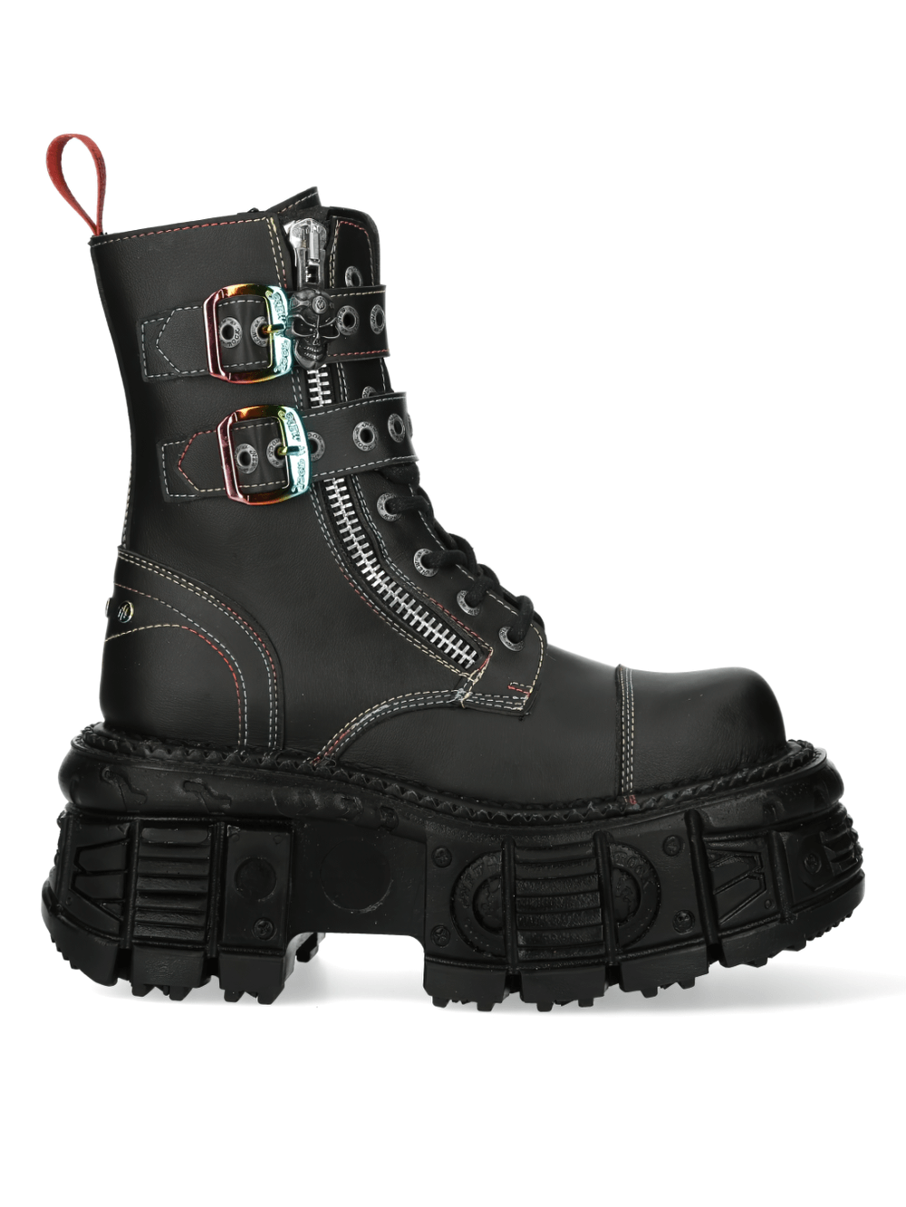 Gothic black ankle boots with metallic buckles and chunky sole, perfect for punk rock enthusiasts.