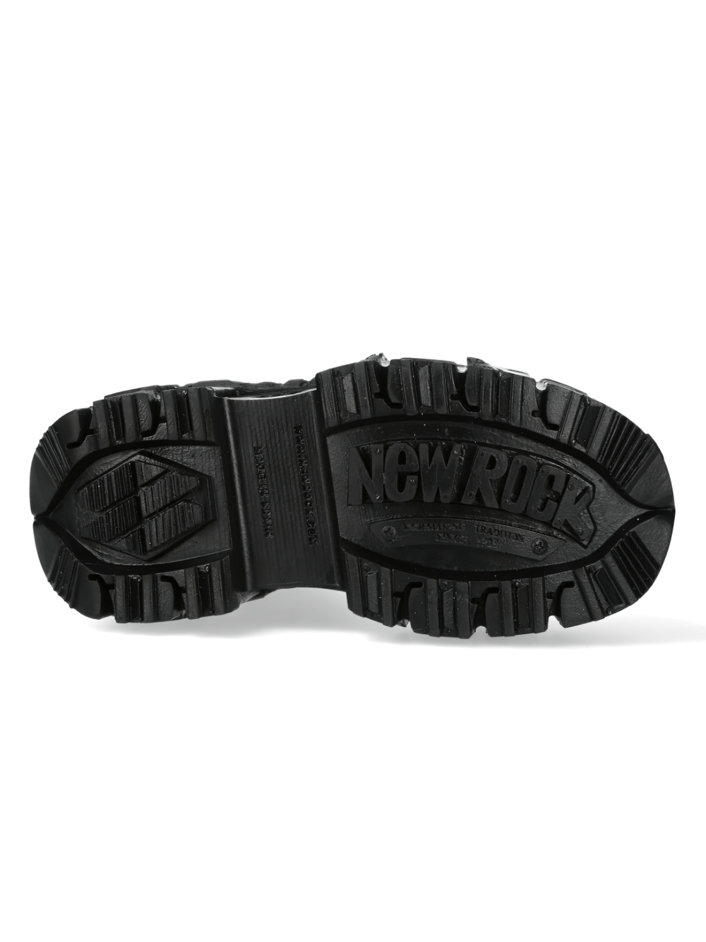 Sole of NEW ROCK Gothic Black Ankle Boots showcasing durable rubber grip and metallic buckles style.