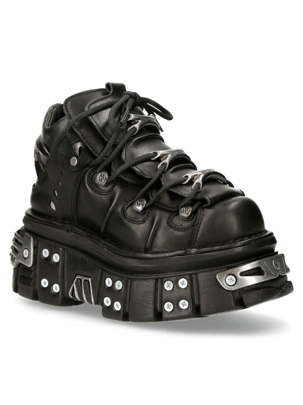 New Rock men's black ankle boots with studded details and bold platform for an edgy Gothic look.