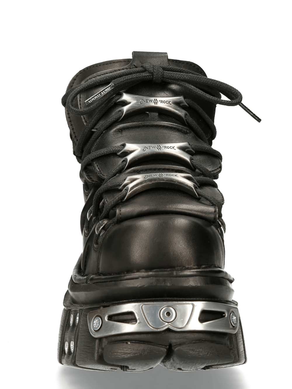 NEW ROCK Men's Gothic Black Ankle Boots with metal details and laces, showcasing edgy style and genuine leather.