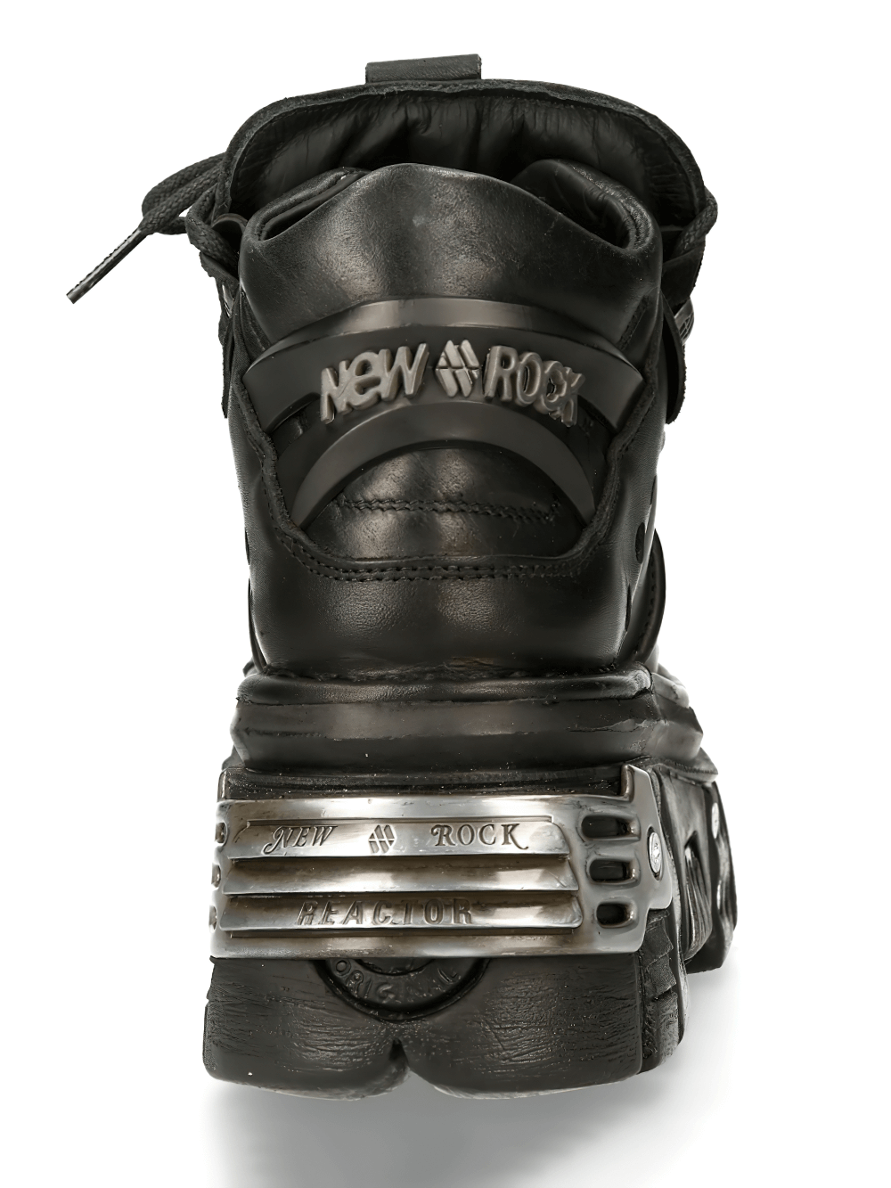 Back view of NEW ROCK Gothic black ankle boots showcasing studded metal details and logo accents.