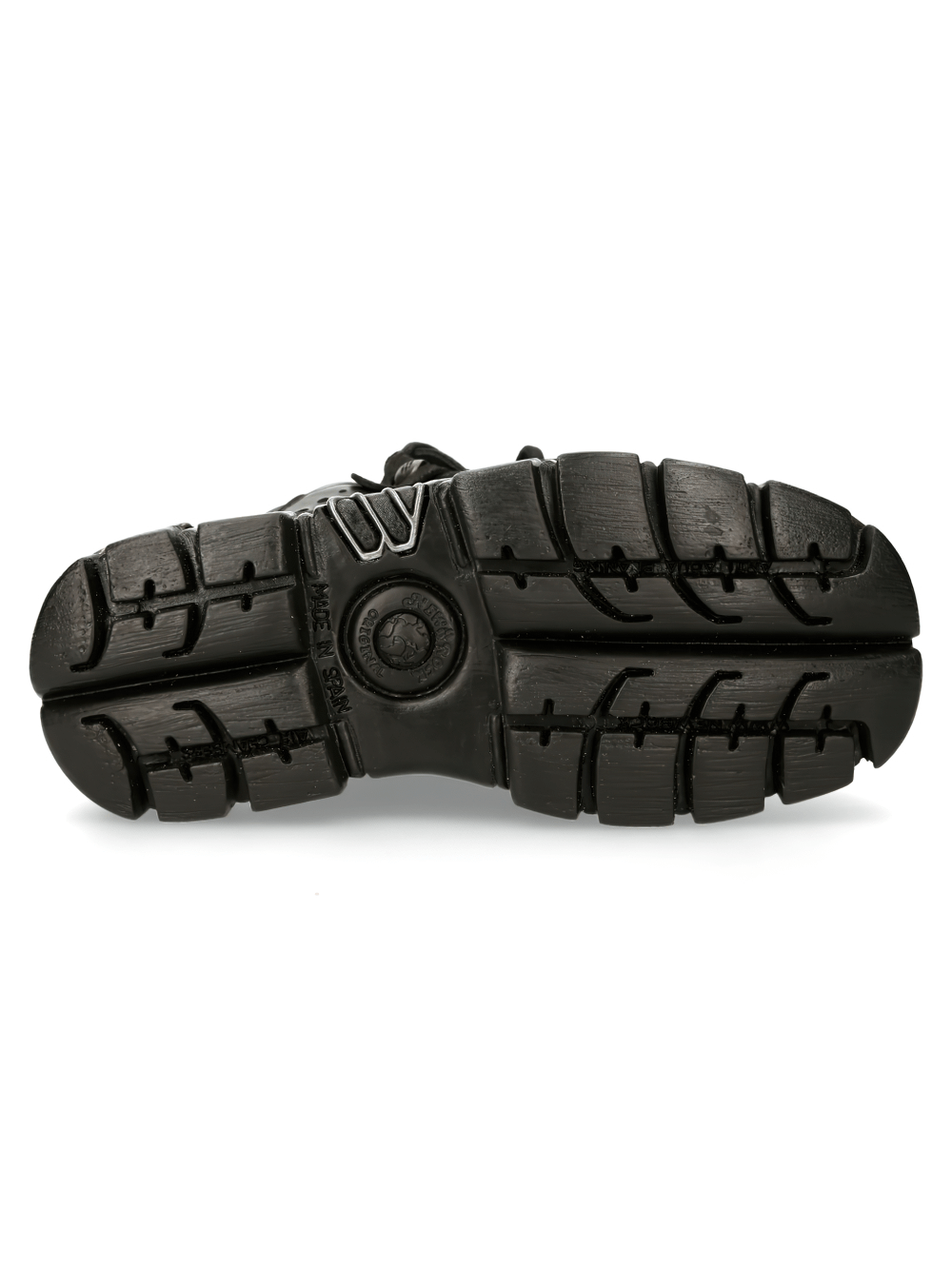 Sole of NEW ROCK Men's Gothic Black Ankle Boots showcasing grip and durability with studded design.