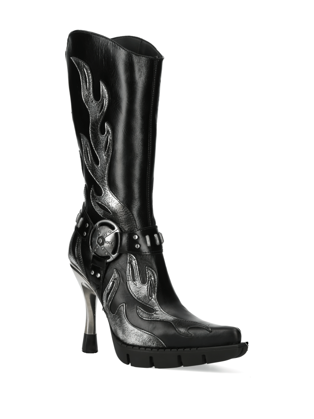 Stylish black high heel boots with flame designs and buckle details, perfect for a punk rock look.