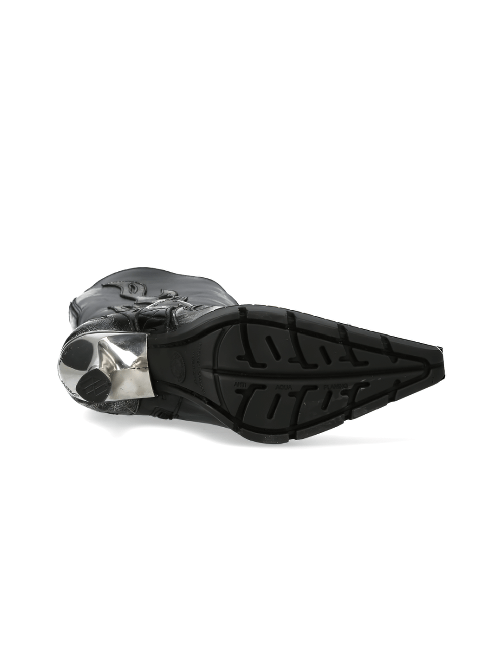 Bottom view of NEW ROCK Gothic Black Boots showcasing durable rubber sole and metallic accents.