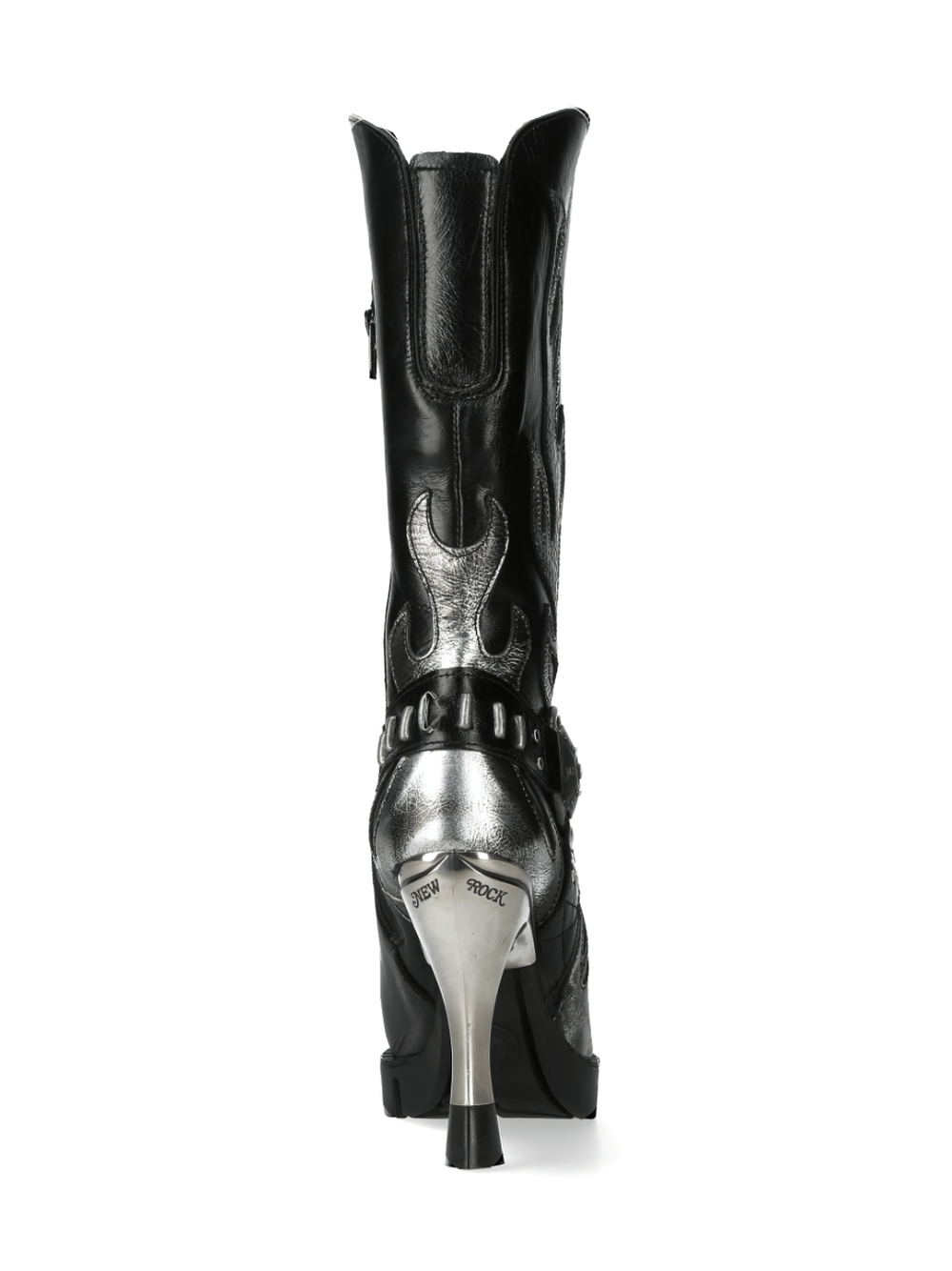 Stylish NEW ROCK Gothic Black Boots with Metallic Accents from the back, showcasing punk design and sleek silver details.