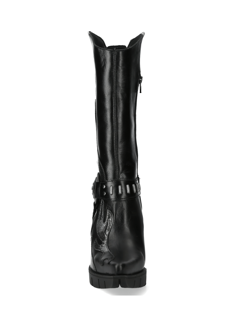 Back view of NEW ROCK Gothic Black Boots with metallic accents, showcasing zipper and stylish punk details.